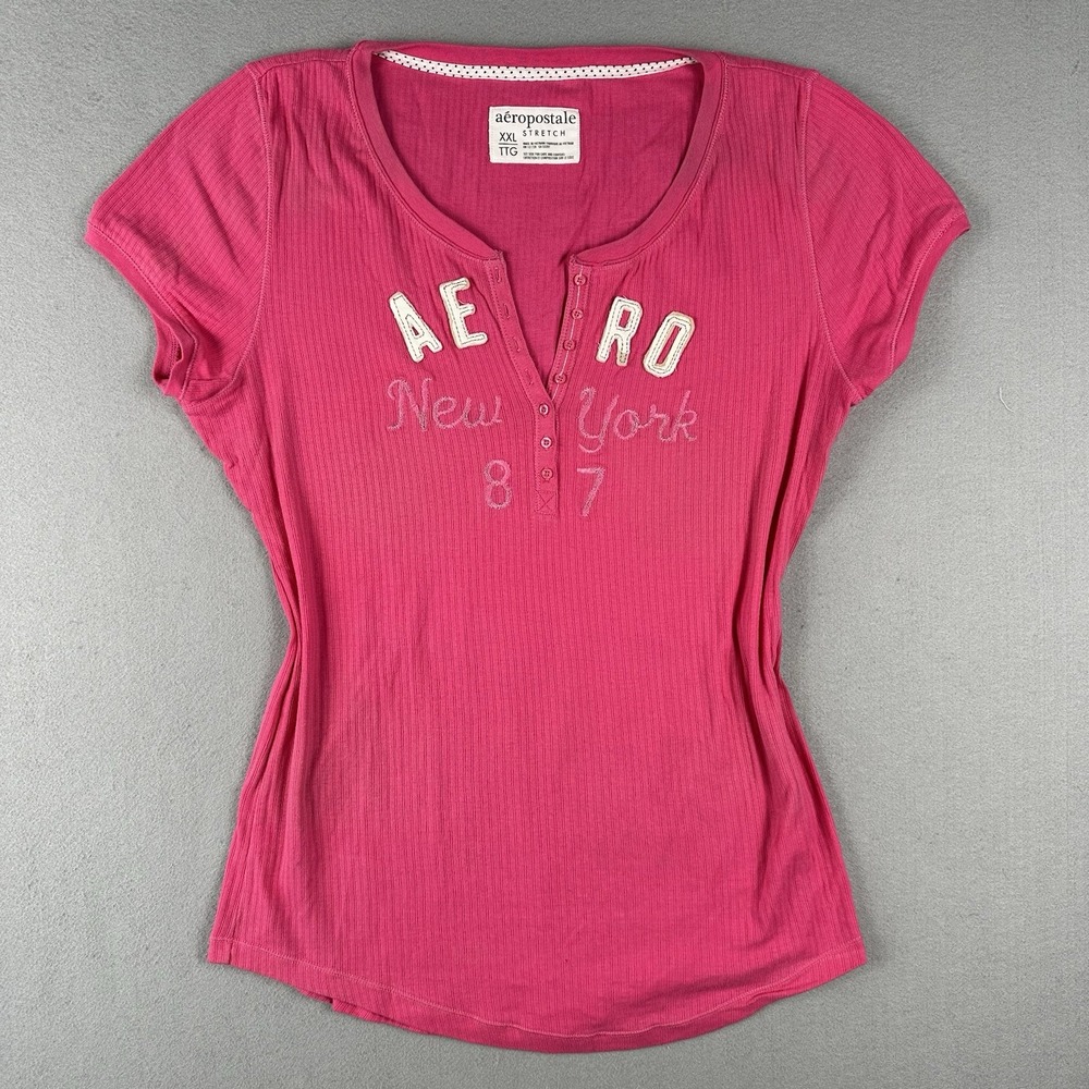 Y2K Aeropostale Ribbed Henley Short Sleeve Shirt Women's 2XL Pink Stretch Aero